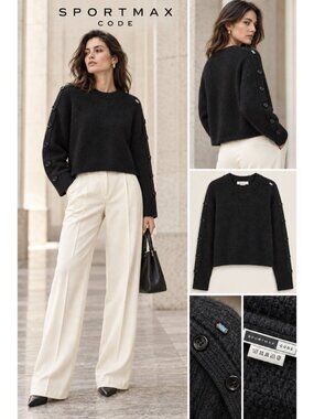 Sportmax Code Black Wool Blend Knit Sweater Button Sleeves M/ L